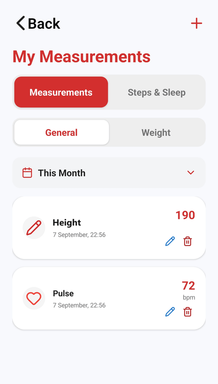 Measurements saved with their dates